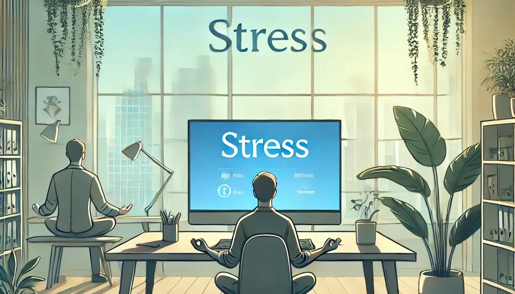 DALL·E 2024-10-24 18.04.34 - A calming illustration for International Stress Awareness Day, focusing on mental health and well-being in the workplace. The image should feature a s