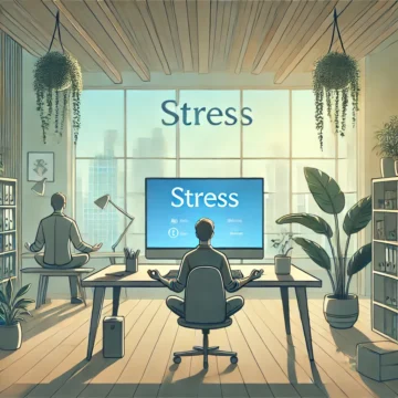 DALL·E 2024-10-24 18.04.34 - A calming illustration for International Stress Awareness Day, focusing on mental health and well-being in the workplace. The image should feature a s