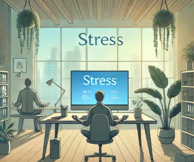 DALL·E 2024-10-24 18.04.34 - A calming illustration for International Stress Awareness Day, focusing on mental health and well-being in the workplace. The image should feature a s