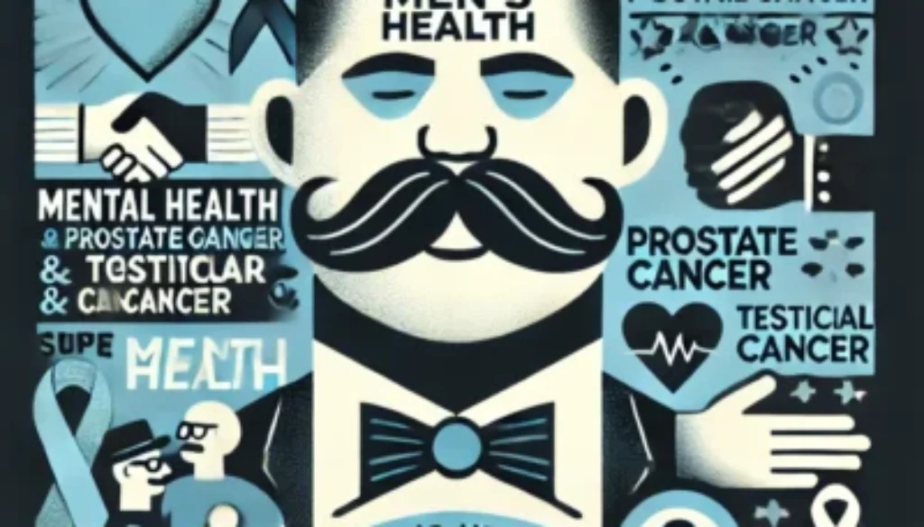 DALL·E 2024-10-24 18.07.30 - A bold and engaging illustration for Movember, highlighting the importance of men's health, particularly mental health, prostate cancer, and testicula