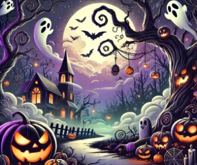 DALL·E 2024-10-24 18.11.25 - A new and unique Halloween illustration with a spooky yet fun atmosphere. The image should feature a haunted forest with twisted trees, a glowing jack