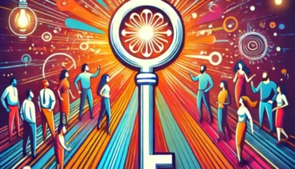 DALL·E 2024-10-25 09.45.05 - An inspiring and vibrant image symbolizing unlocking team potential. The design features a group of diverse individuals collaborating and interacting,