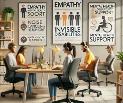 DALL·E 2024-10-29 11.01.21 - A calm and inclusive workspace designed to support individuals with invisible disabilities, featuring a diverse group of employees working comfortably